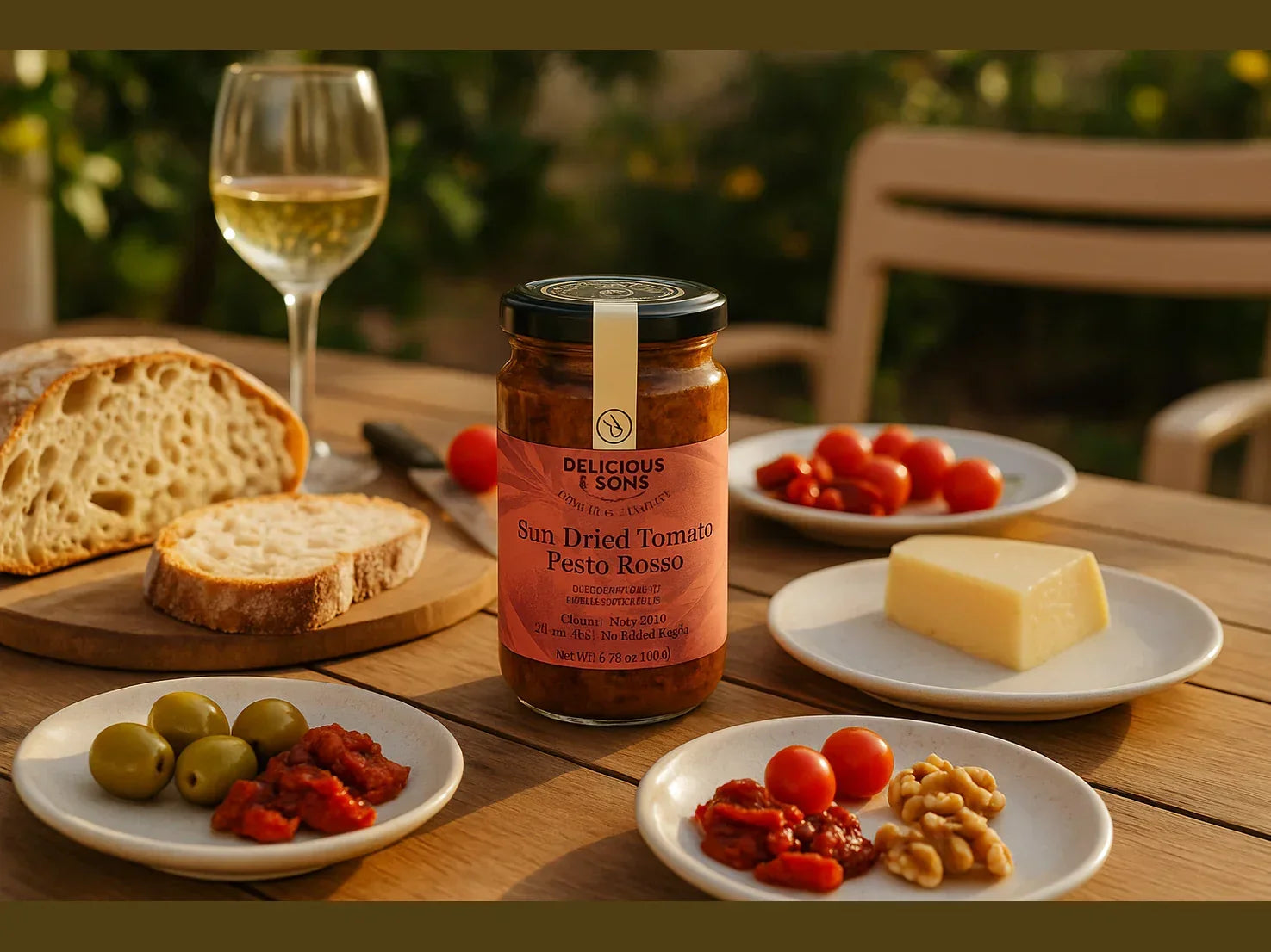 Outdoor picnic table with sun dried tomato pesto, artisan bread, cheese, olives, and tomatoes.