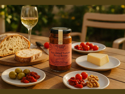 Outdoor picnic table with sun dried tomato pesto, artisan bread, cheese, olives, and tomatoes.