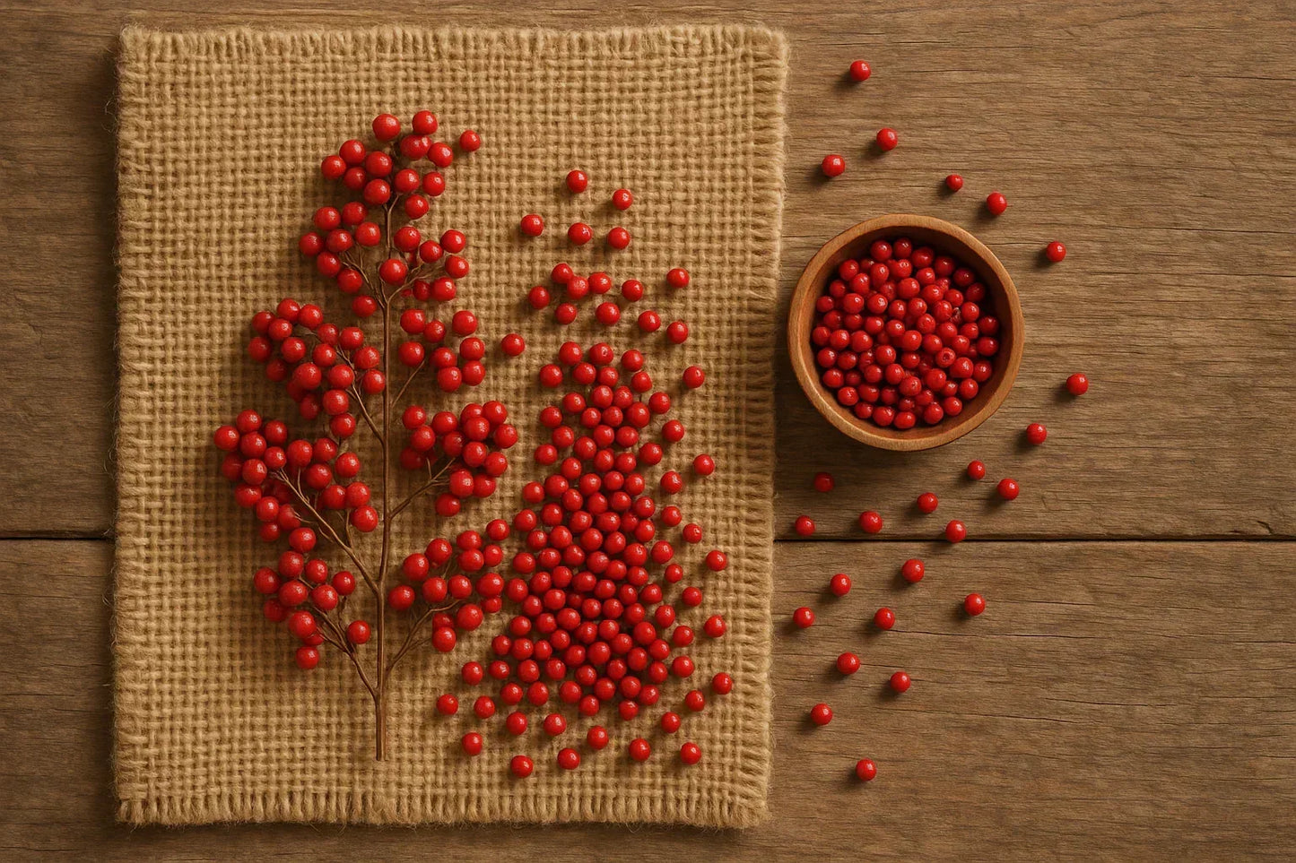 Overhead shot of pink peppercorns on burlap and in a wooden bowl on rustic wood table