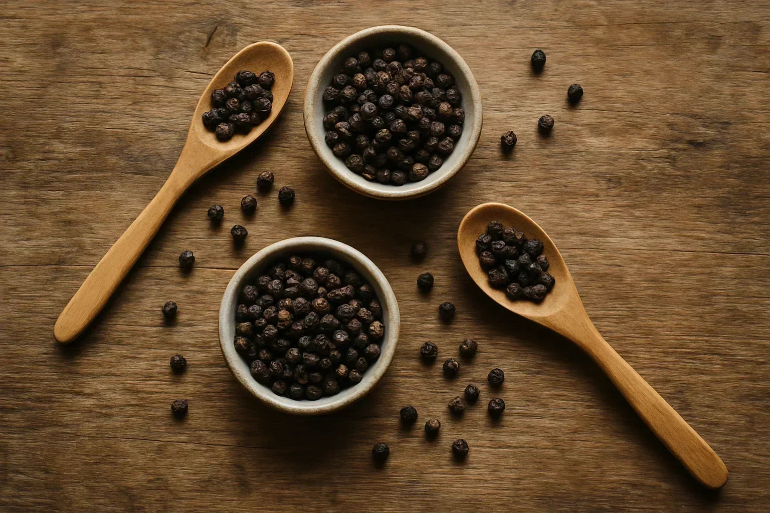 Black peppercorns in ceramic bowls and wooden spoons on rustic wooden table