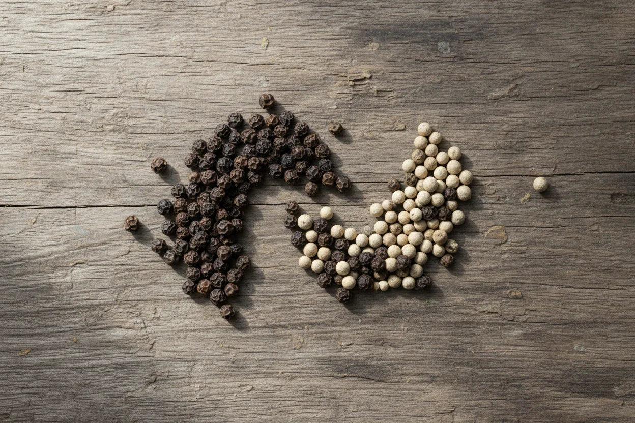 Overhead view of black and white peppercorns arranged in a yin yang pattern on wood