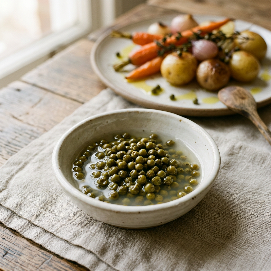 Overhead green peppercorn bowl with a wooden spoon