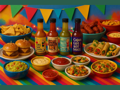 Colorful party food spread with hot sauces, mini burgers, nachos, guacamole, and snacks