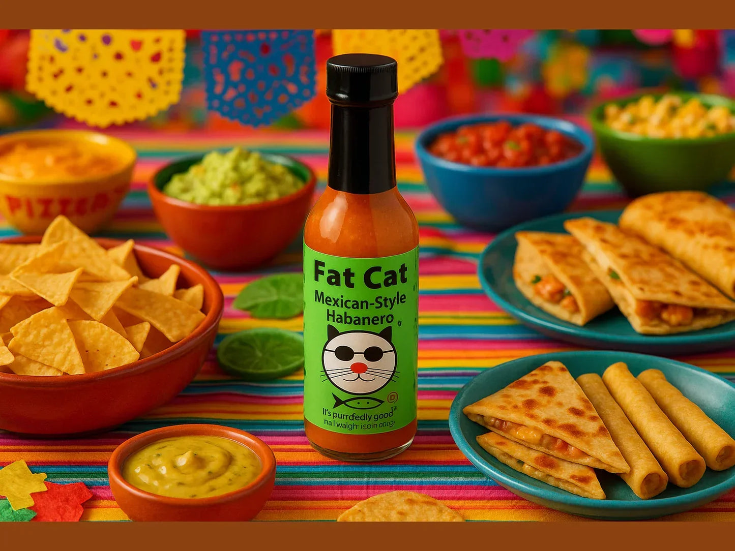 Mexican-style habanero hot sauce bottle with tortilla chips, guacamole, salsa, and quesadillas on a colorful party table.