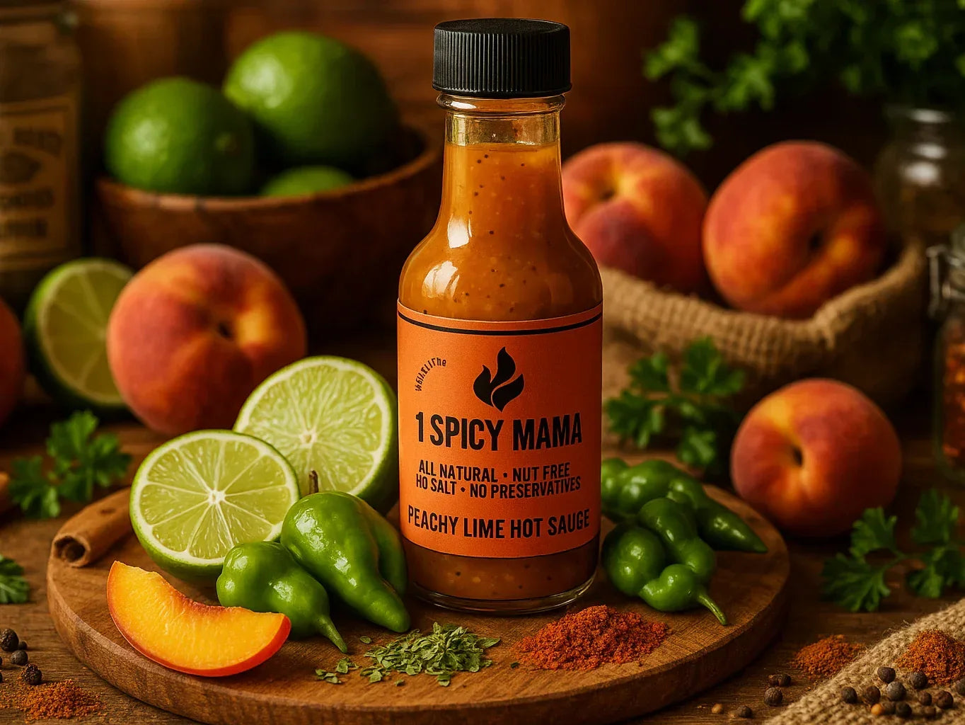 Peachy lime hot sauce bottle with fresh peaches, limes, and peppers in a market setting