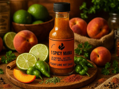 Peachy lime hot sauce bottle with fresh peaches, limes, and peppers in a market setting