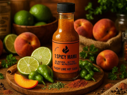 Peachy lime hot sauce bottle with fresh peaches, limes, and peppers in a market setting