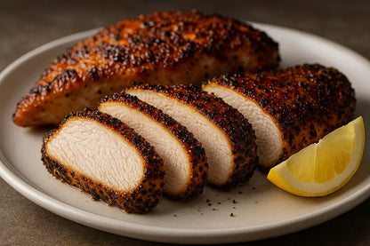 Sliced pepper-crusted chicken cutlets with crispy crust and lemon wedge on plate