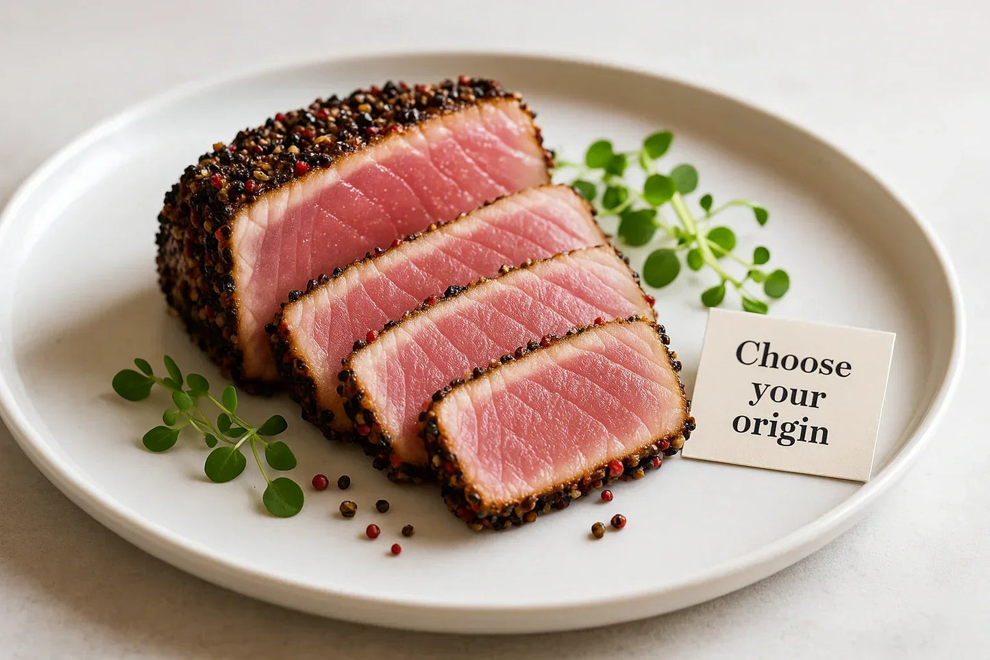 Sliced pepper-crusted tuna steak with herbs and a 'Choose your origin' card on a plate