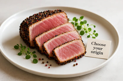 Sliced pepper-crusted tuna steak with herbs and a 'Choose your origin' card on a plate