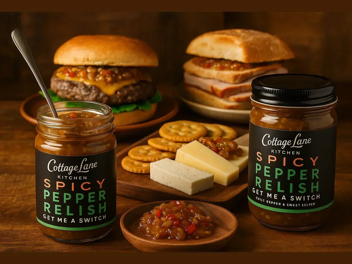 Spicy pepper relish jars with cheese, crackers, burger, and sandwich food pairings on wood table.