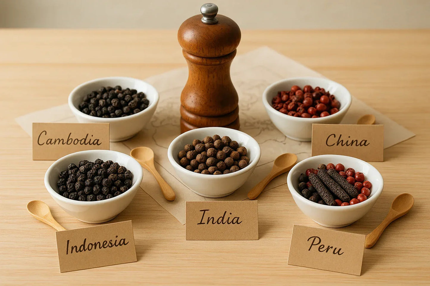 Assorted peppercorns from Cambodia, Indonesia, India, China, and Peru in bowls with origin cards