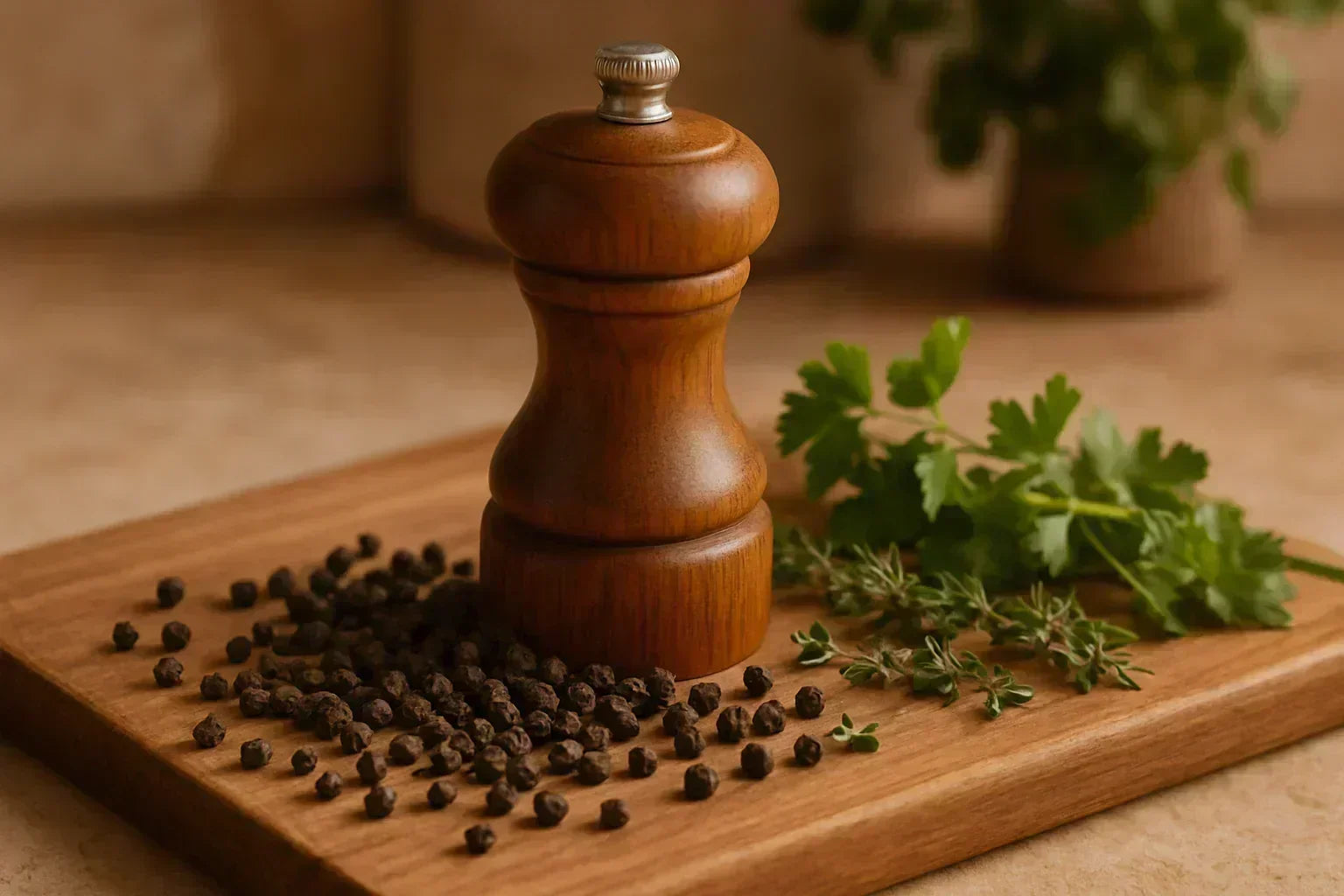 Wooden pepper mill with whole black peppercorns and fresh herbs on a wooden board