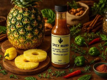 Pineapple hot sauce bottle with fresh pineapple, chili peppers, and spices in a market setting