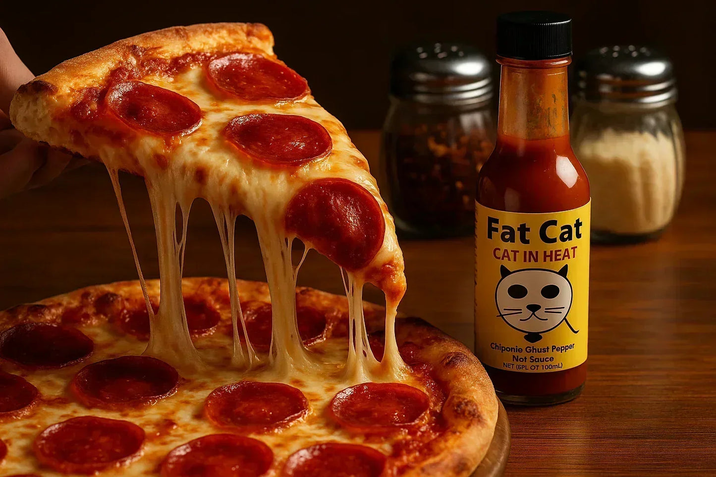 Hand lifting cheesy pepperoni pizza slice with hot sauce bottle on wooden table