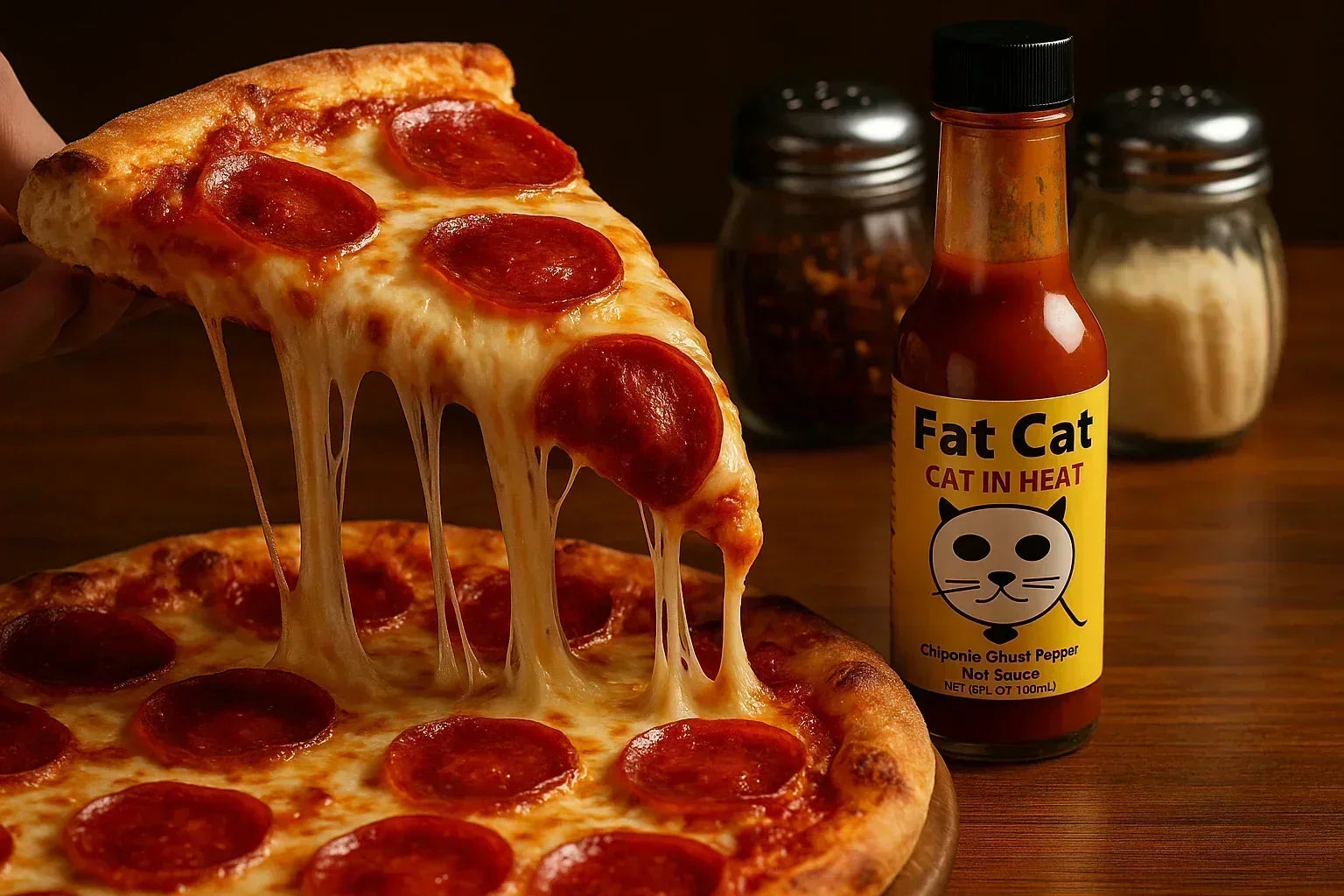 Hand lifting cheesy pepperoni pizza slice with hot sauce bottle on wooden table
