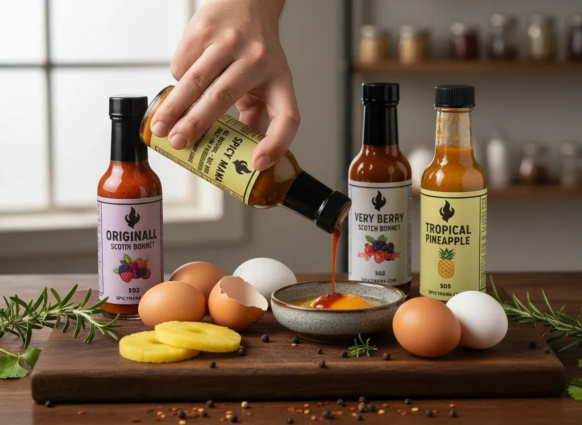 Hand pouring artisan hot sauce into bowl, surrounded by eggs, pineapple, and Scotch Bonnet sauce bottles.