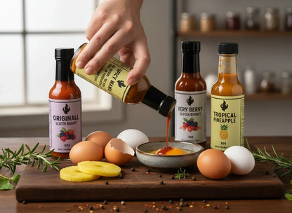 Hand pouring artisan hot sauce into bowl, surrounded by eggs, pineapple, and Scotch Bonnet sauce bottles.