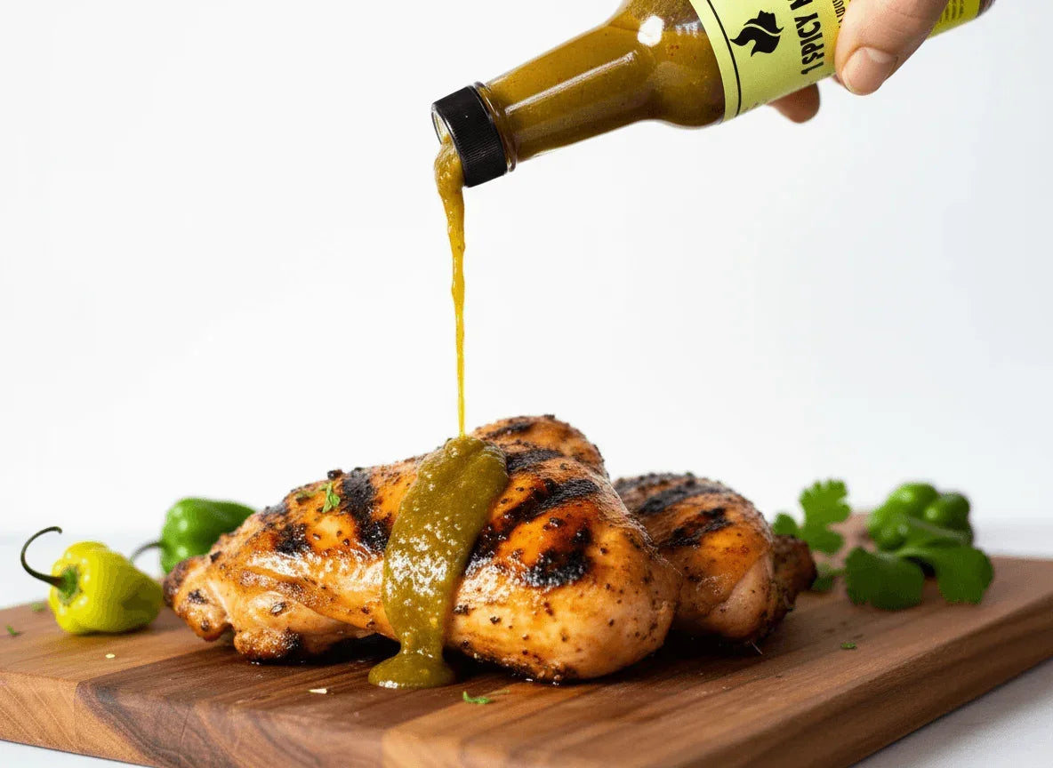 Pouring artisan green hot sauce on grilled chicken breast with habanero peppers, Spice n Slice Market