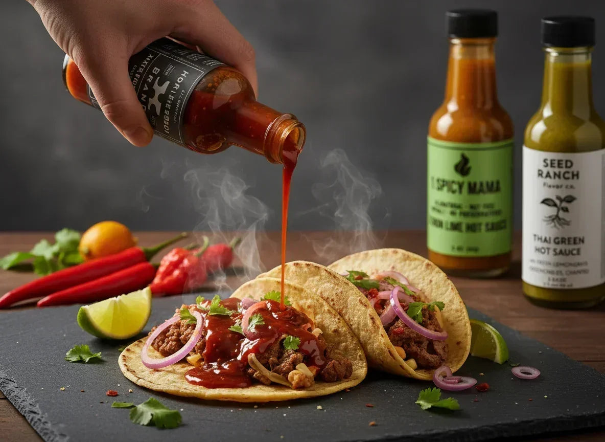 Hand pouring spicy hot sauce over steaming beef tacos with red onion, cilantro, and lime