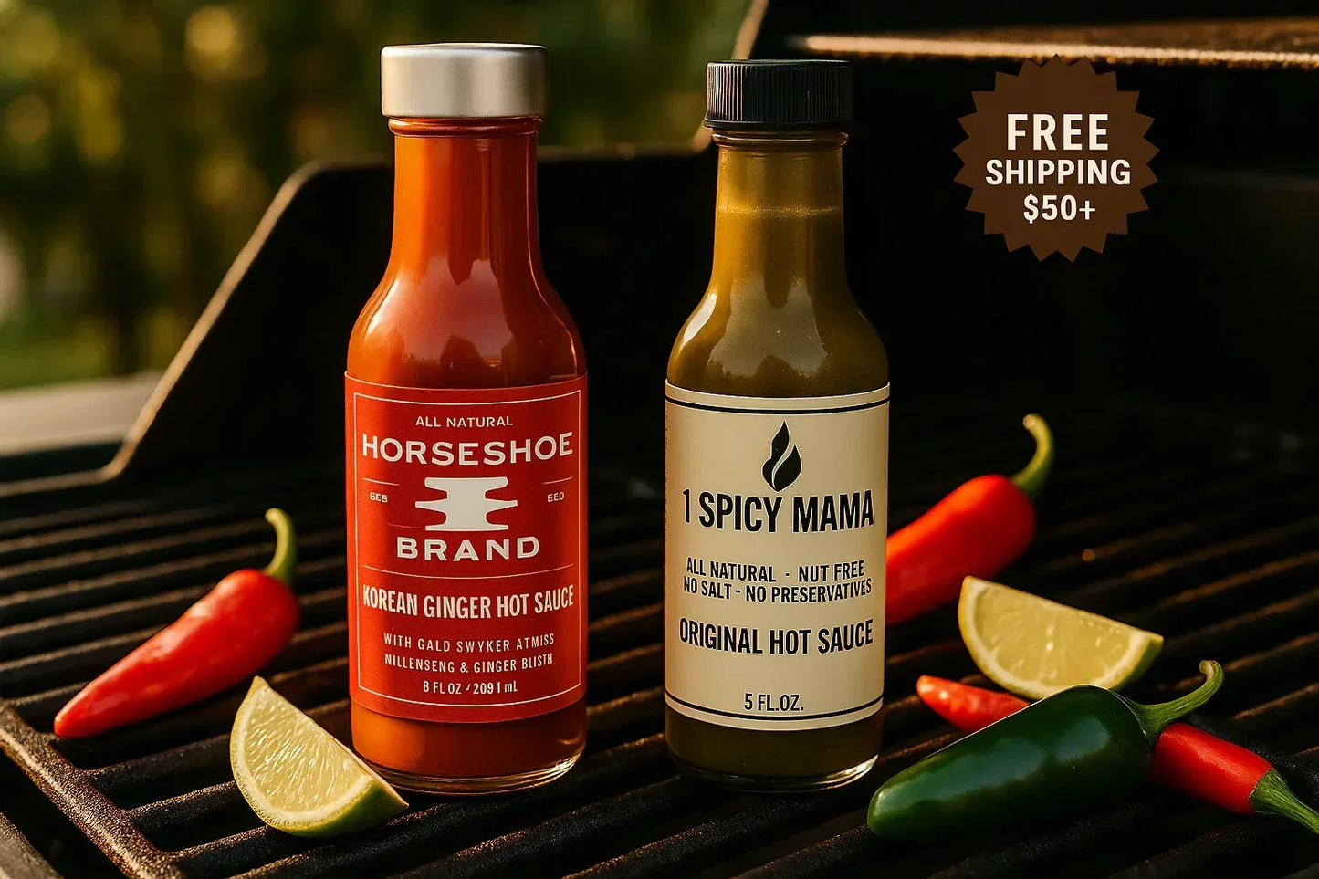 Two bottles of artisan hot sauce on a BBQ grill with fresh chili peppers and lime wedges