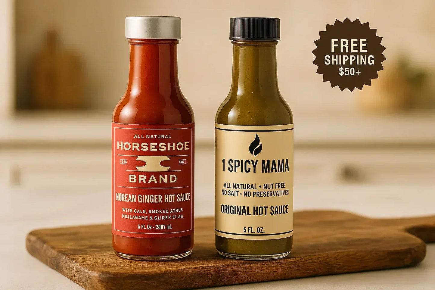 Two bottles of hot sauce on wooden board, Horseshoe Brand Korean Ginger and 1 Spicy Mama Original, free shipping offer.