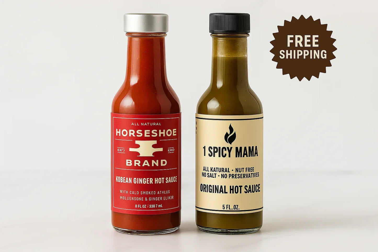 Two bottles of artisan hot sauces, Horseshoe Brand Korean Ginger Hot Sauce and 1 Spicy Mama Original Hot Sauce, with a free shipping label.