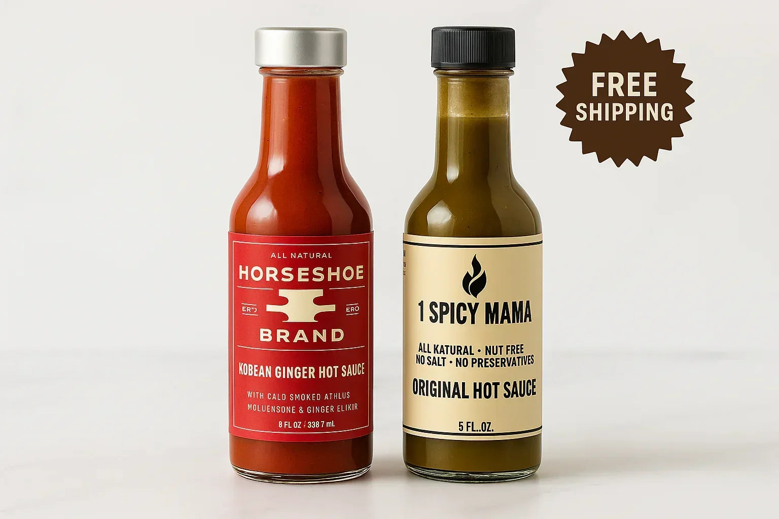 Two bottles of artisan hot sauces, Horseshoe Brand Korean Ginger Hot Sauce and 1 Spicy Mama Original Hot Sauce, with a free shipping label.