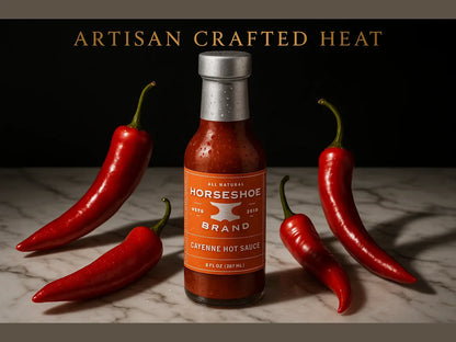 Cayenne hot sauce bottle with fresh red chili peppers on marble, artisan crafted heat