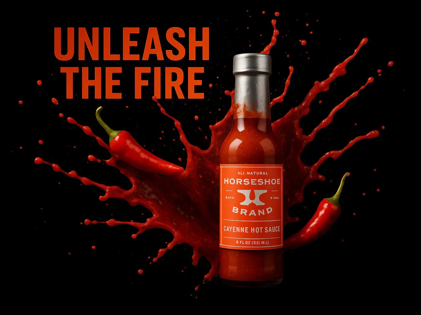 Cayenne hot sauce bottle with red chili peppers and splash effect on black background