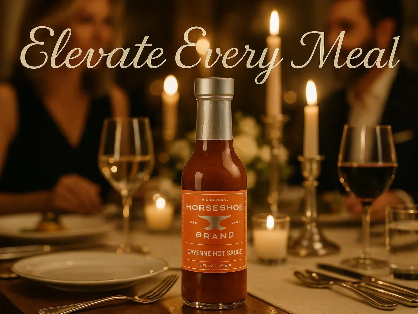 Cayenne hot sauce bottle on elegant dinner table with candles and wine glasses