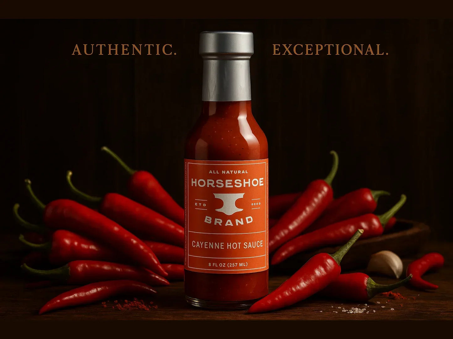 Cayenne hot sauce bottle with fresh red chili peppers on a dark wooden background