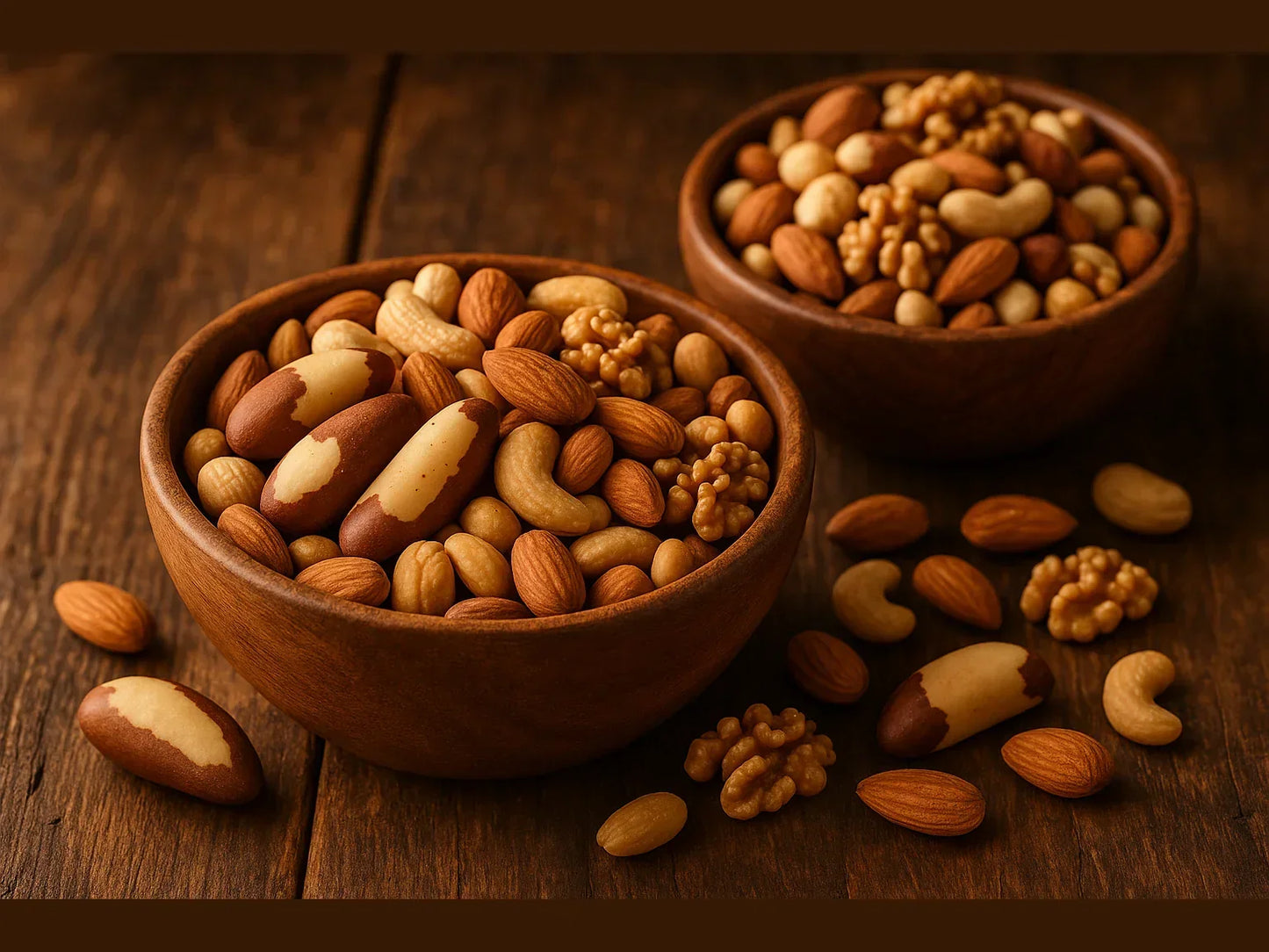 Assorted premium mixed nuts in wooden bowls on rustic wooden table, including almonds, cashews, Brazil nuts, and walnuts.