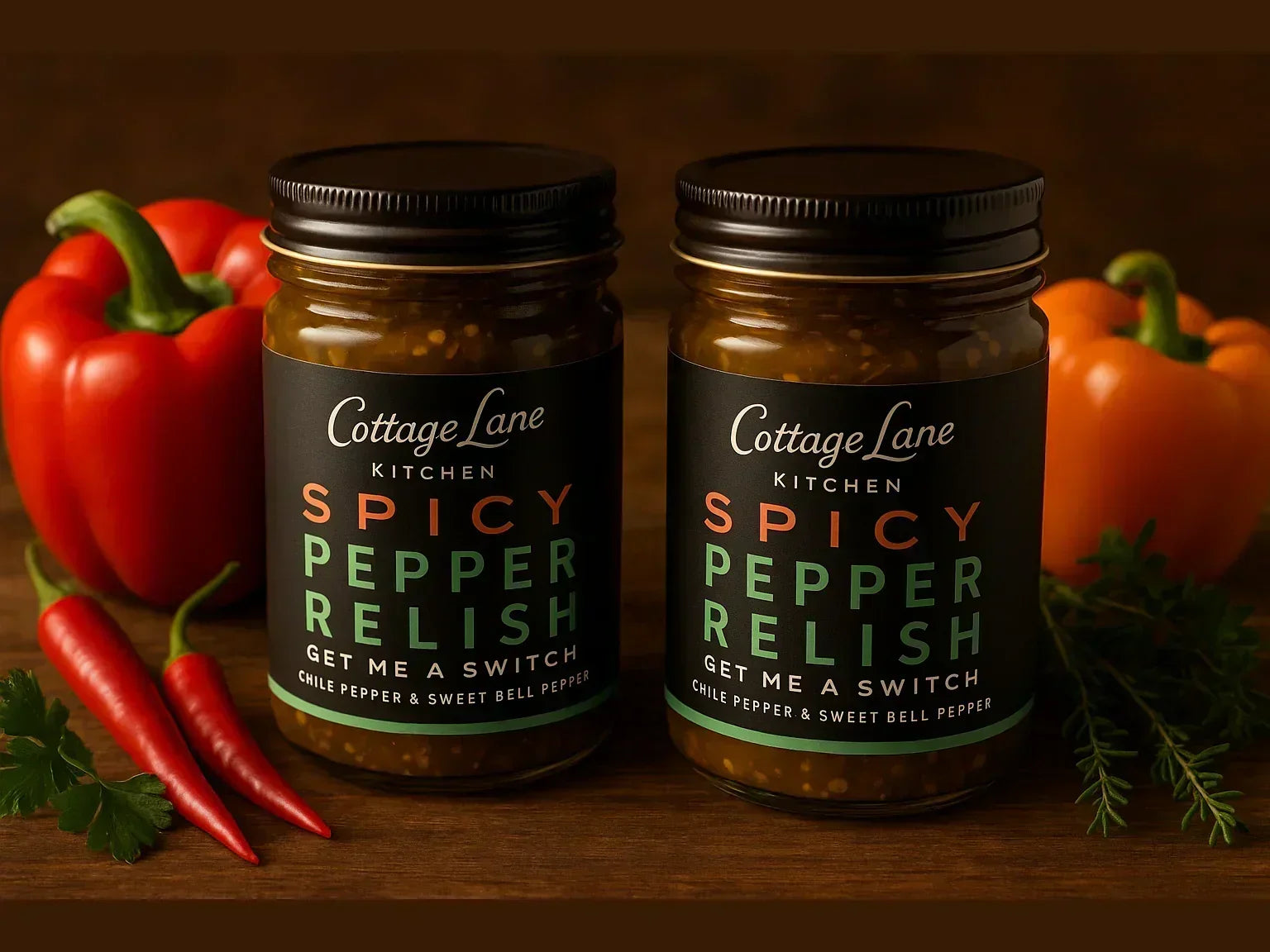 Jars of spicy pepper relish with red and orange bell peppers, chili peppers, and herbs on wood table