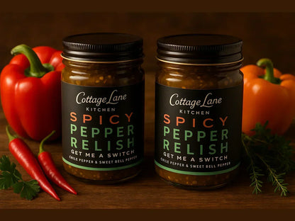 Jars of spicy pepper relish with red and orange bell peppers, chili peppers, and herbs on wood table
