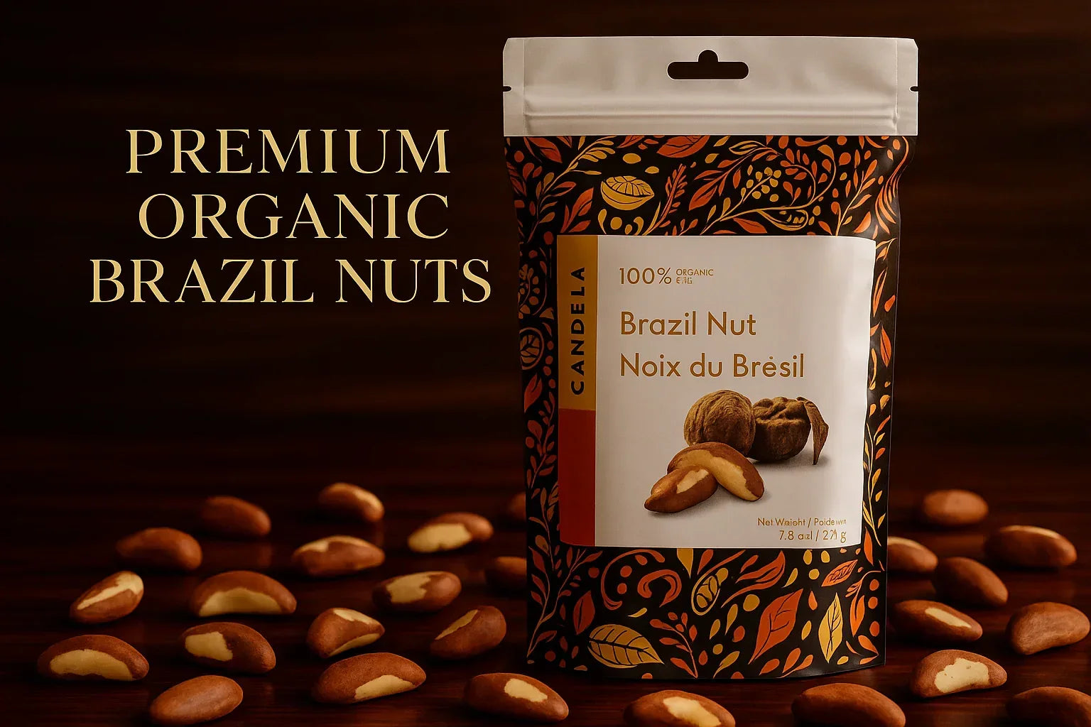 Premium organic Brazil nuts in patterned resealable bag with Brazil nuts scattered on wooden surface
