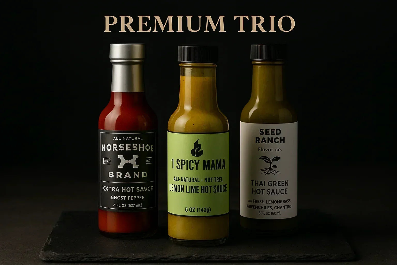 Trio of premium hot sauces including ghost pepper, lemon lime, and Thai green varieties.
