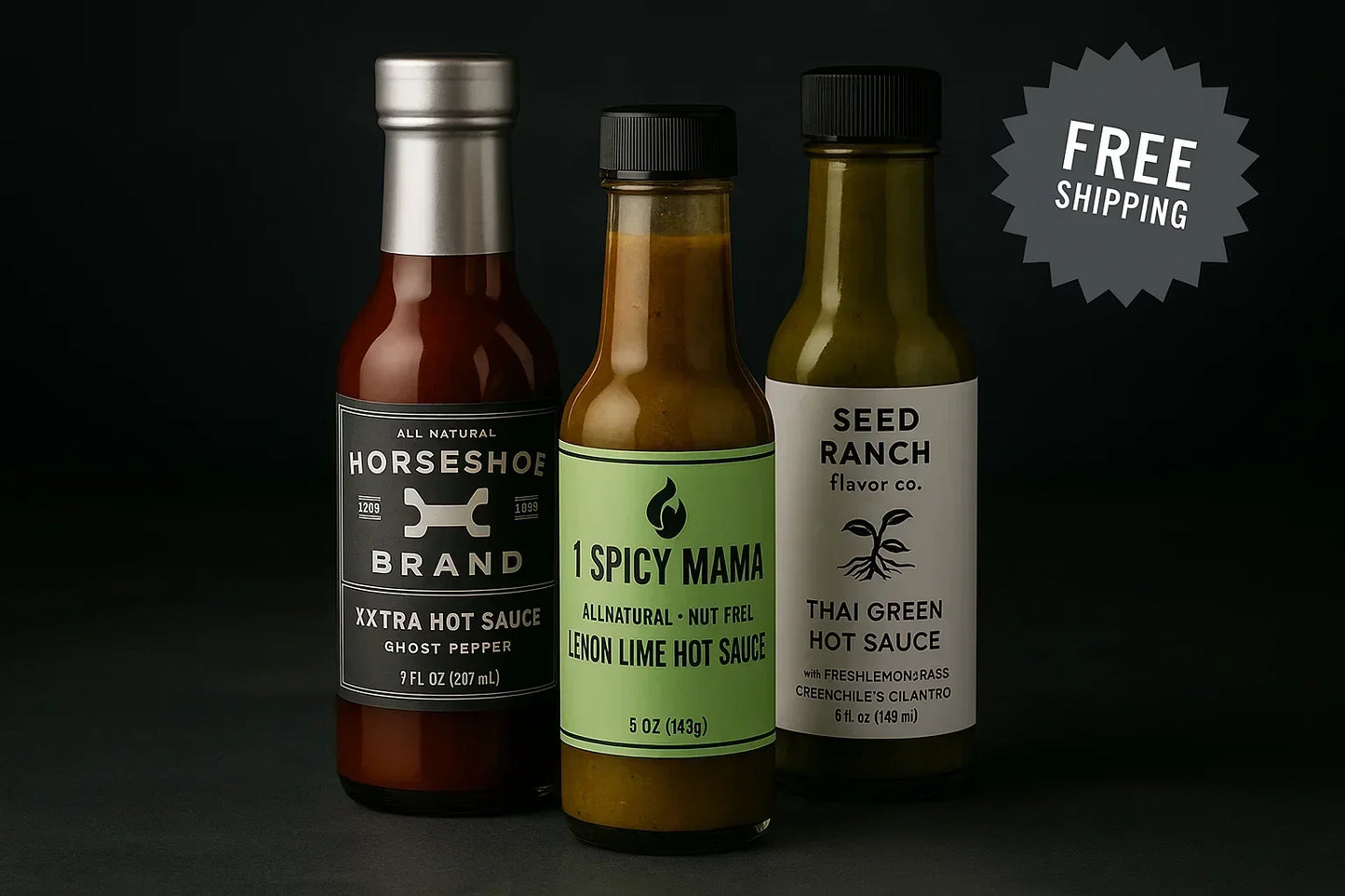 Trio of artisan hot sauces in glass bottles on dark background with free shipping label.