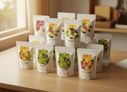 Assorted organic dried fruits in resealable bags, including banana, kiwi, and smoothie blend, on a wooden table