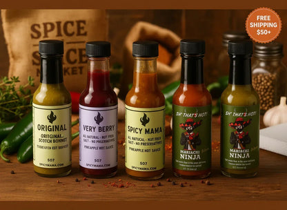 Spice n Slice Market artisan hot sauces lineup with various flavors on wooden table, wholesale and retail.