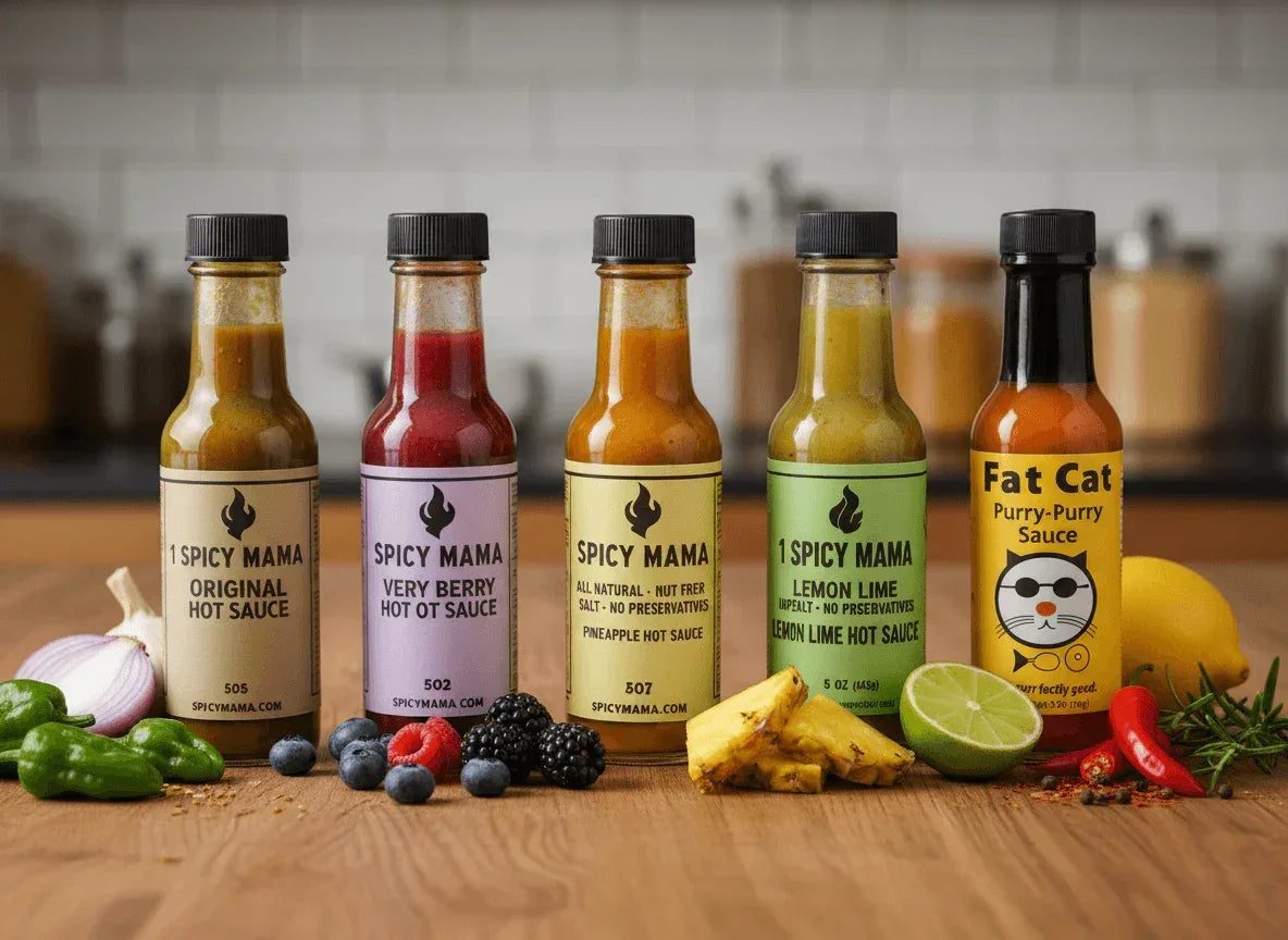 Spice n Slice Market artisan hot sauces lineup with fresh fruit and spices on a wooden counter.