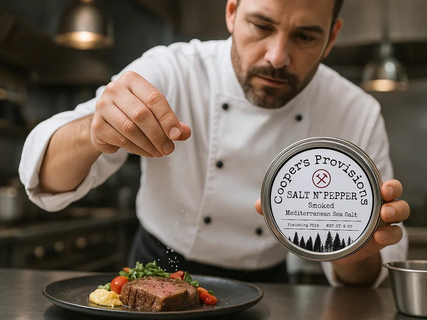 Chef seasoning steak with artisanal smoked salt in a professional kitchen setting