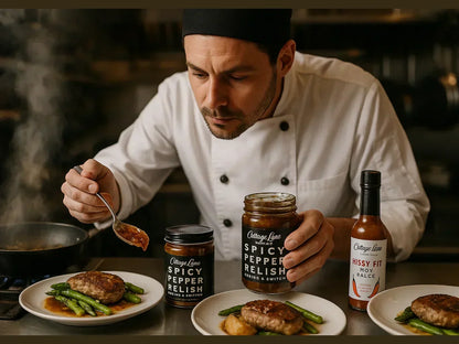 Chef adding spicy pepper relish to plates of meat and asparagus in a professional kitchen.