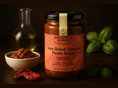 Jar of sun dried tomato pesto rosso with fresh basil, olive oil, and dried tomatoes