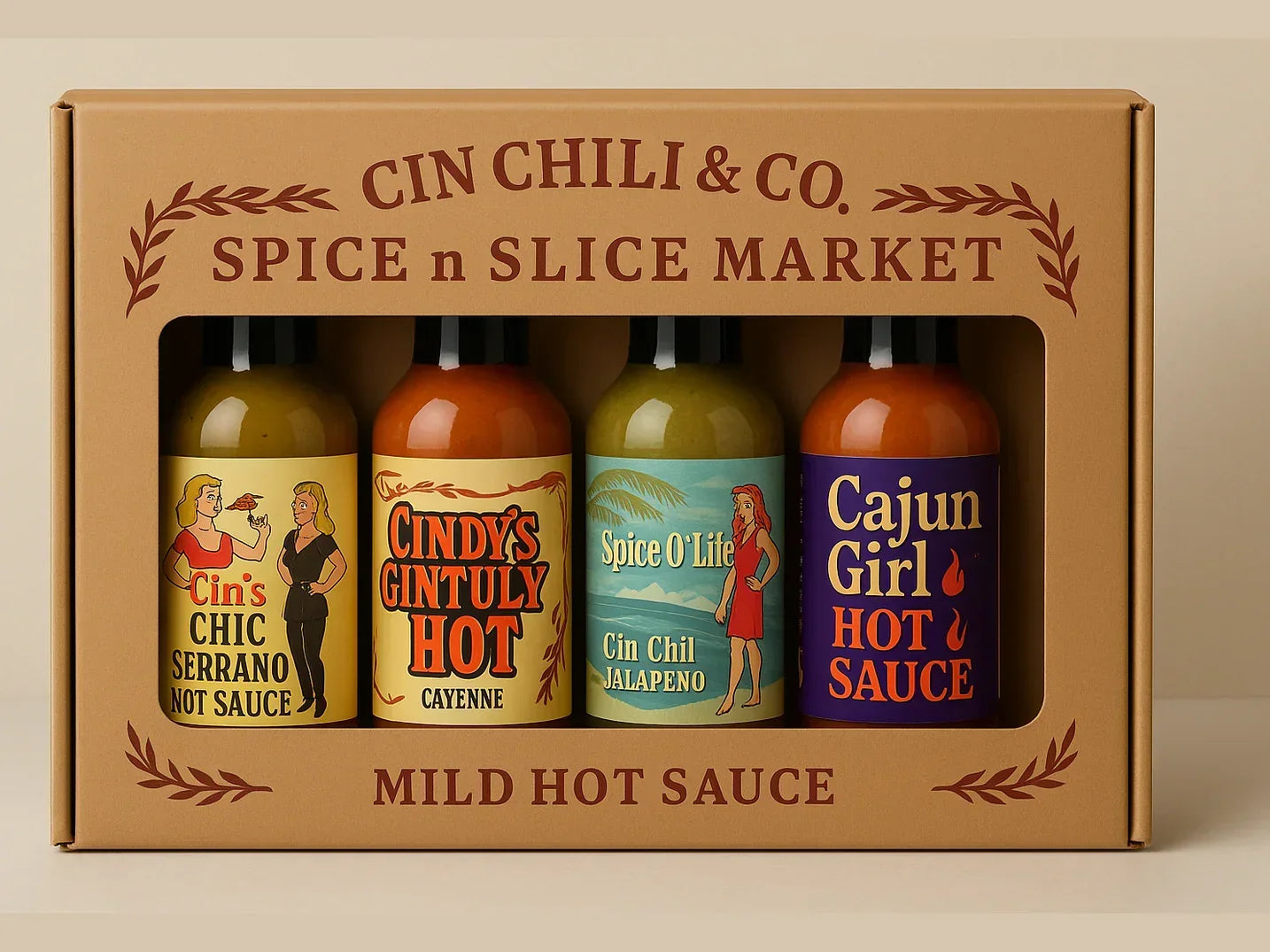 Assorted mild hot sauce gift set with four bottles: serrano, cayenne, jalapeno, and Cajun.