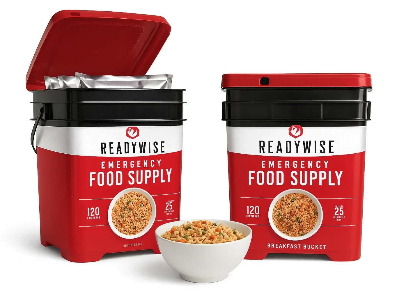 Two red and black ReadyWise emergency food supply buckets with a bowl of prepared food.