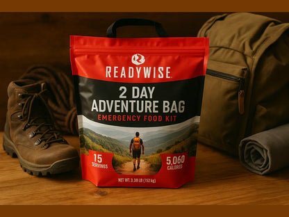2 day adventure emergency food kit with mountain image, hiking boots, backpack, and blanket