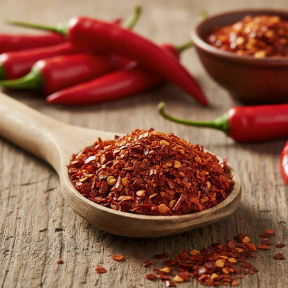 Red chili flakes in wooden spoon