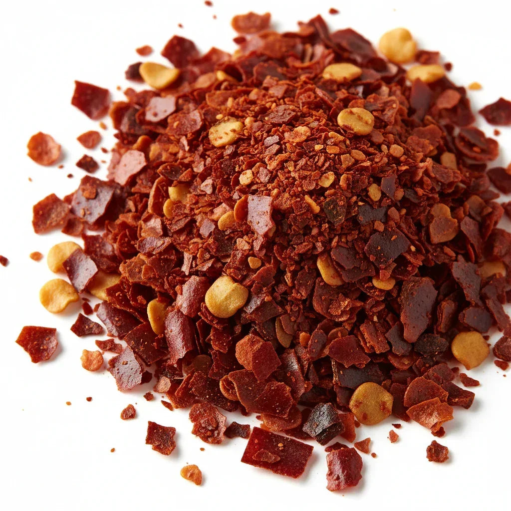Close-up of red chili flakes with seeds on white background, spicy seasoning texture