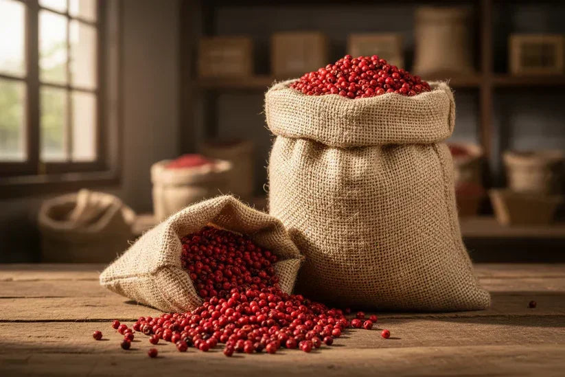 Burlap sacks filled with red Kampot peppercorns on rustic wooden table